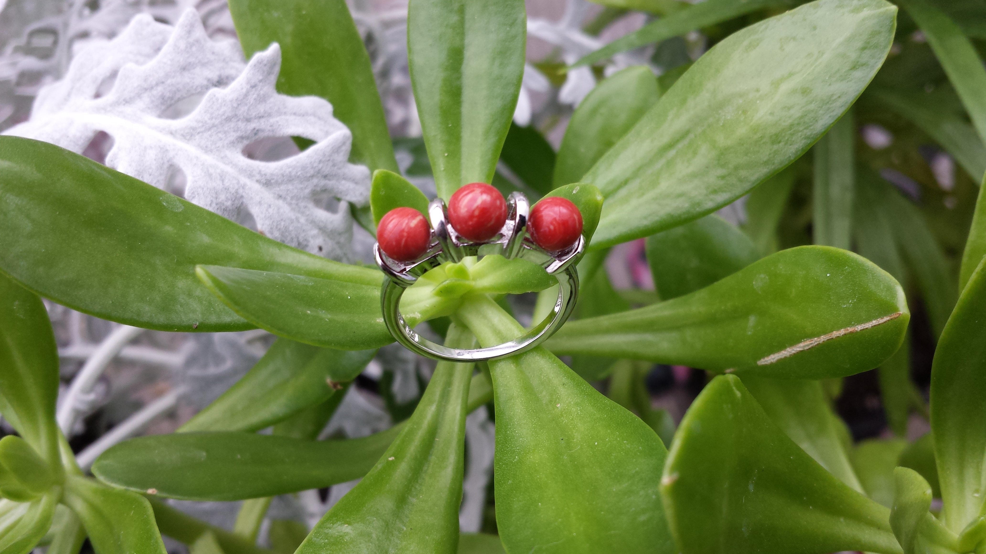 5 mm NATURAL TRIPLE ROUND CORAL  RING WITH 925 STERLING  SILVER